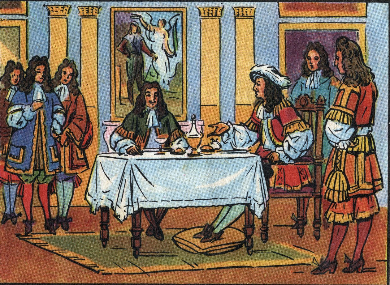 استقبل الملك لويس الرابع عشر (1638-1715) الممثل الكوميدي والكاتب المسرحي جان بابتيست بوكلين ديت موليير (1622-1673) أثناء تناول الإفطار في حضور المحكمة في قلعة فرساي. توضيح مجهول في "" Collection des souverains et chefs d'état d بواسطة مجهول مجهول