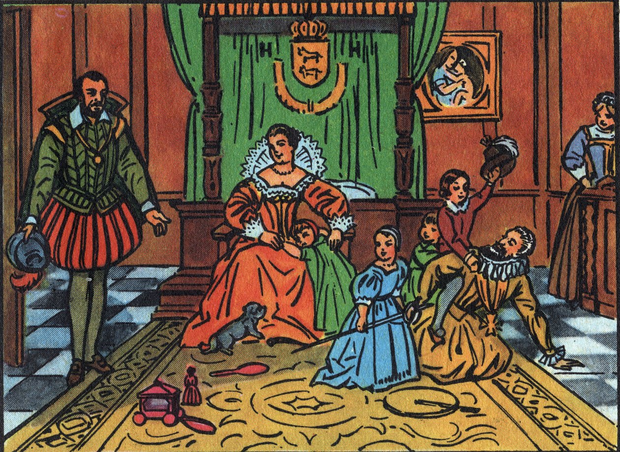 ملك فرنسا هنري الرابع (1553-1610) يلعب مع أطفاله أمام السفير الإسباني في الوسط ، الملكة ماري ميديسي ، الأطفال هم لويس الثالث عشر وإليزابيث من فرنسا وكريستين من فرنسا ونيكولاس. توضيح مجهول في "" Collectio بواسطة مجهول مجهول