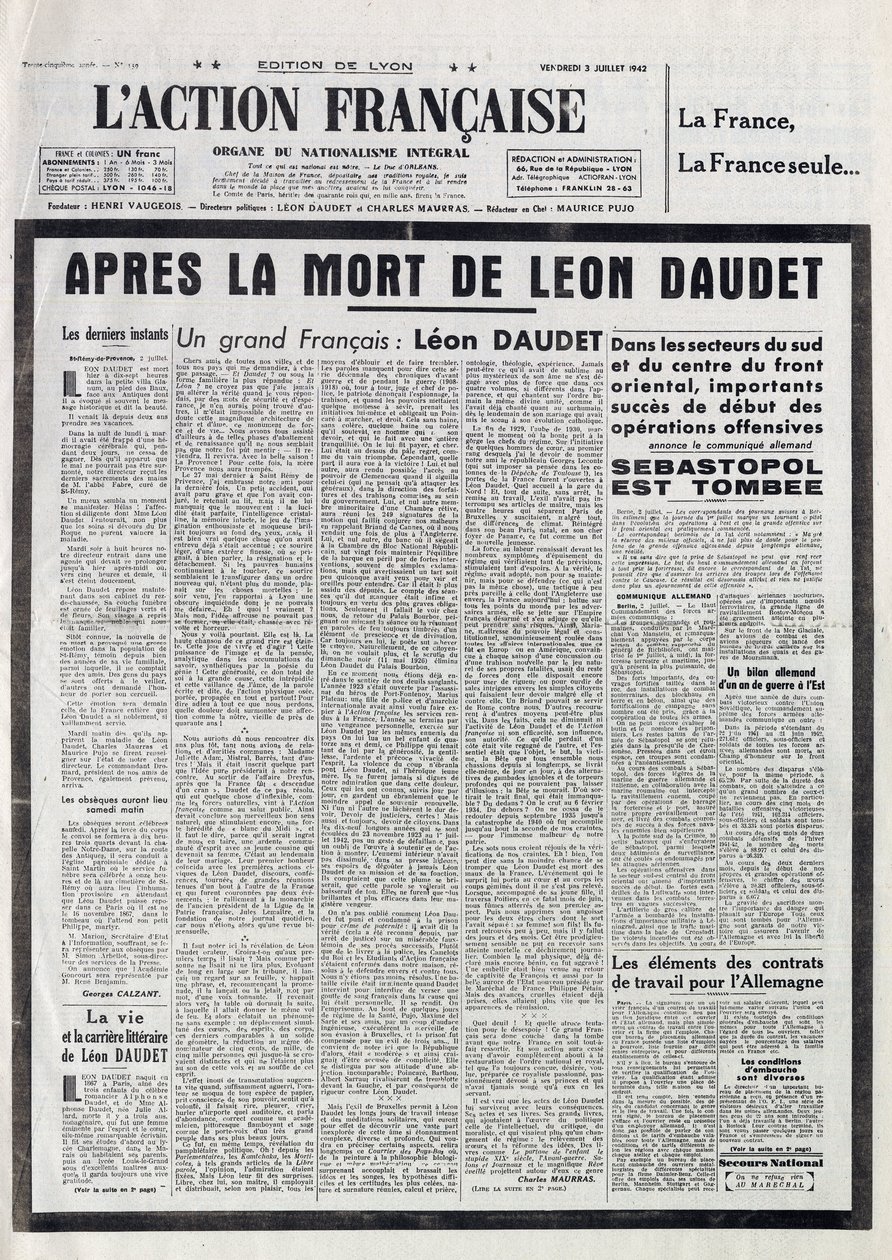 L'Action Francaise - جهاز القومية المتكاملة - الجمعة 3 يوليو بواسطة مجهول مجهول