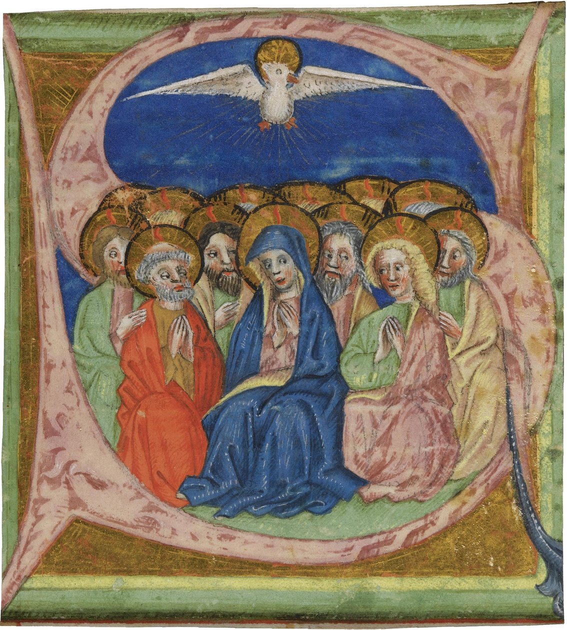 "La pentecote" (عيد العنصرة) الأحرف الأولية مأخوذة من مخطوطة تدريجية مجهولة الاسم حوالي 1430 قاتمة 10.2x9.3 سم (الحرف الأول من مخطوطة تدريجي بواسطة مجهول ، حوالي 1430 - ألوان مائية على رق) مجموعة خاصة بواسطة مجهول مجهول