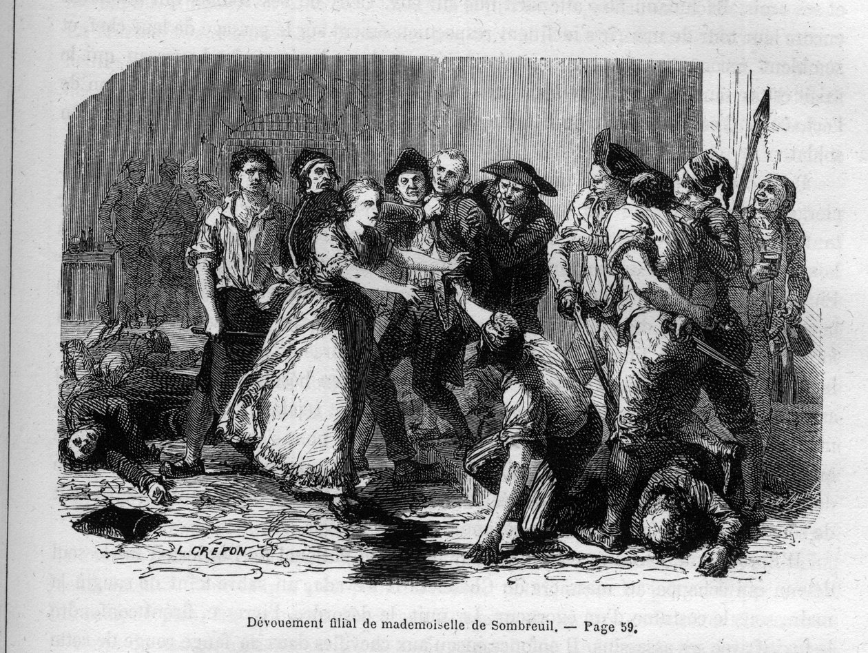 Le Devouement de Madame de Sombreuil - Melle (Mademoiselle) (Marie) de Sombreuil (1774-1823) بطلة الثورة - نقش في "Histoire des Girondins" للفونس دي لامارتين (1790-1869) 1865-1866. مجموعة خاصة بواسطة مجهول مجهول
