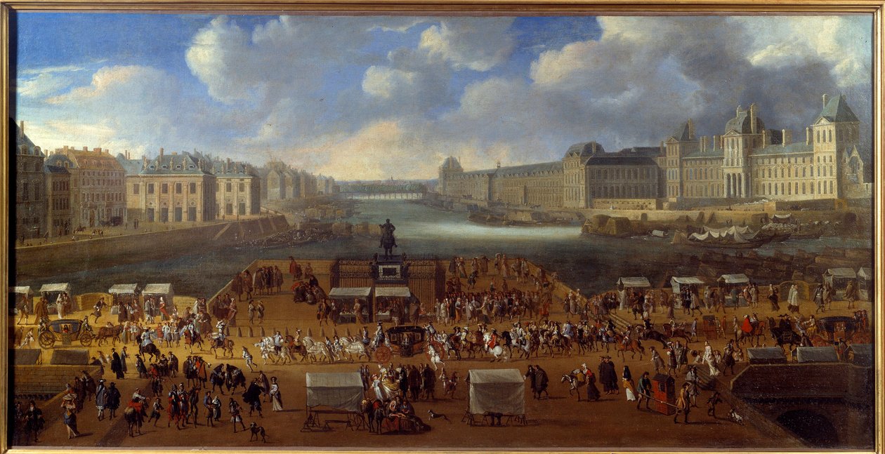 لو بونت نيوف يُرى من مدخل ساحة دوفين ، مرور موكب على الجسر في عام 1669 لوحة مجهولة. شمس. 0،81x1،62 م باريس ، متحف كارنافالي بواسطة مجهول مجهول