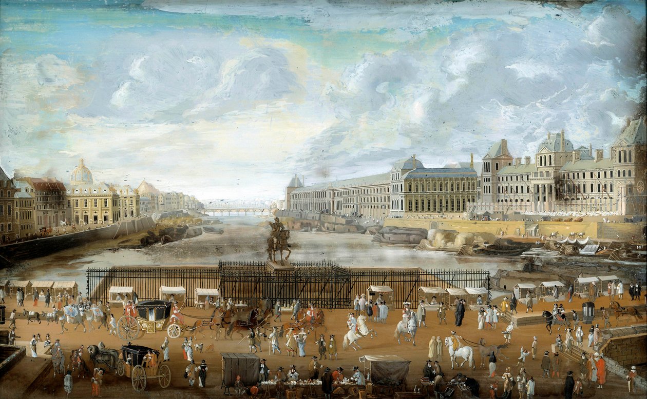 يُنظر إلى Le Pont Neuf من مدخل Place Dauphine و Quai Malaquais مع كلية الأمم الأربعة و Grande Galerie و Louvre Anonymous. 1669. باريس ، متحف كارنافالي بواسطة مجهول مجهول