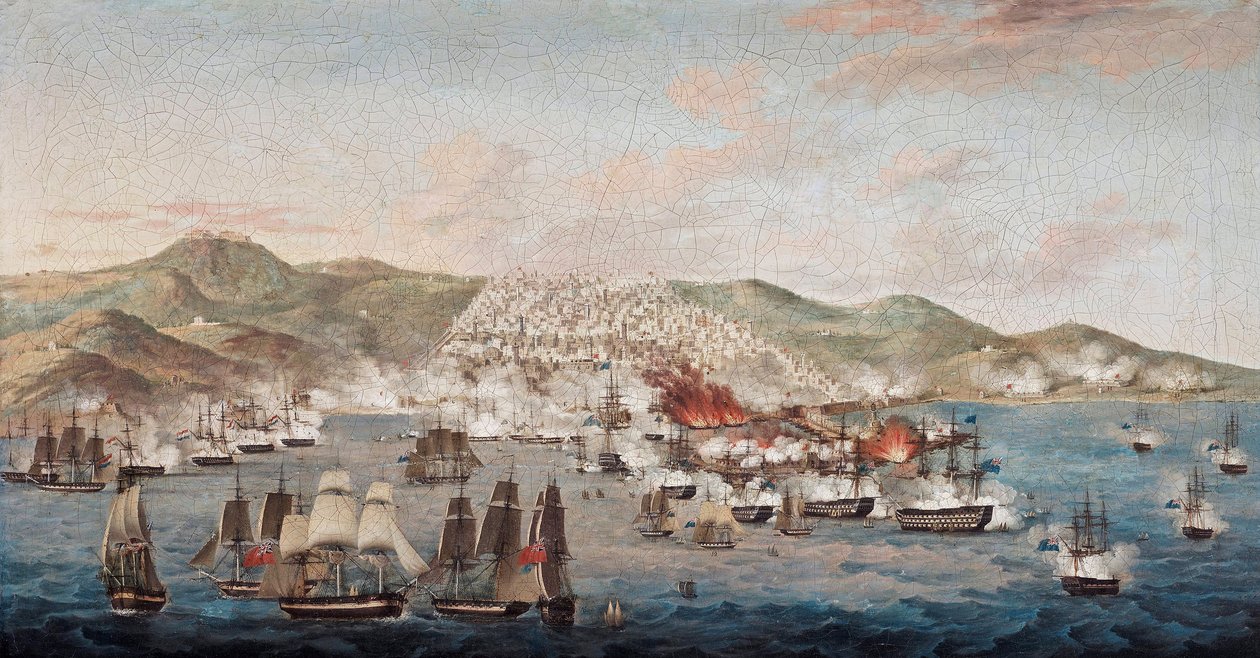 قصف الجزائر العاصمة (الجزائر) في 27 أغسطس 1816 بإجراءات عقابية أمر السير إدوارد بيلو (1757-1833) بالإفراج عن القنصل البريطاني بالإضافة إلى أكثر من 1000 عبد مسيحي بحارة سابقين أسرهم الجزائريون - الخفاش بواسطة مجهول مجهول