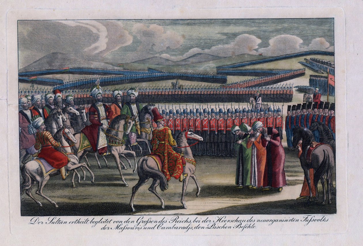 "" السلطان العثماني سليم الثالث (1761-1808) يستعرض فرقة المشاة الجديدة "نقش مجهول 1806 مجموعة خاصة بواسطة مجهول مجهول