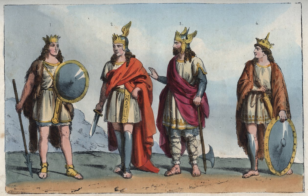 Les Merovingiens - سلالة Merovingian - Pharamond أو Faramund (- Chlodio (Clodius ، Clodion ، Cloio أو Chlogio) (Clodion le Chevelu) (حوالي 390 - حوالي 450) - Merovech (Merovee أو Merowig ، حوالي 412-457) وكلوفيس (حوالي 466-511 "- نقش من Usi e Costumi  بواسطة مجهول مجهول