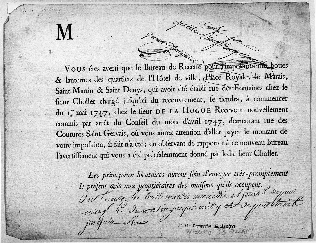 خطاب من مكتب الإيرادات بخصوص دفع الضرائب بتاريخ أبريل 1747. بواسطة مجهول مجهول