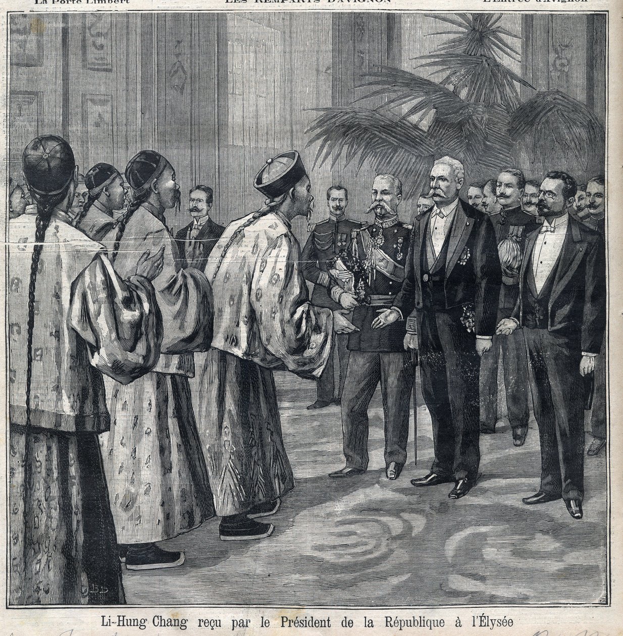 استقبل لي هونغ تشانغ رئيس الجمهورية فيليكس فور (1841-1899) في قصر الإليزيه. نقش في "Le Petite Parisien" " بواسطة مجهول مجهول
