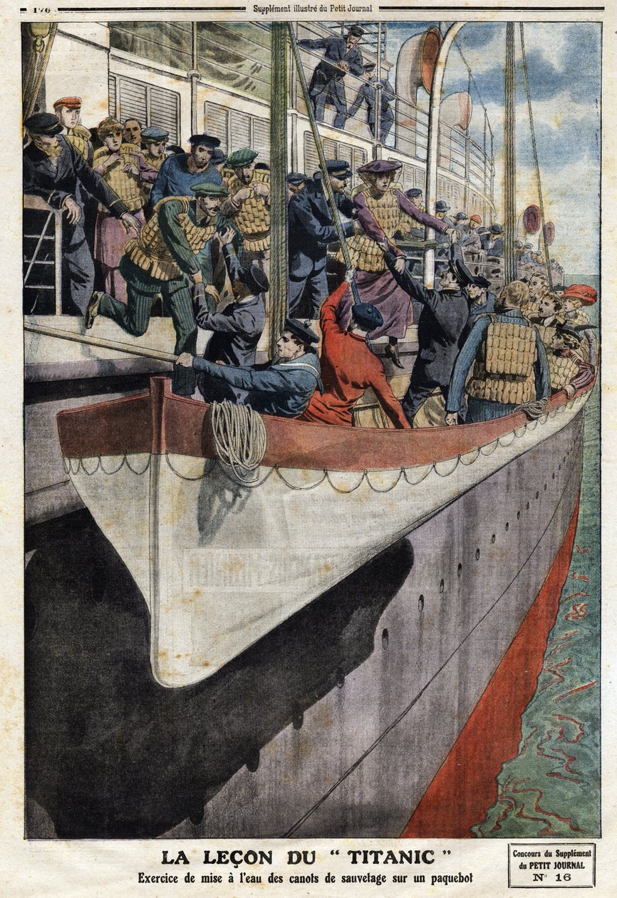 تمرين قارب النجاة على متن السفينة ، بعد غرق سفينة RMS Titanic ، في 15 أبريل 1912 ، رسم توضيحي من صحيفة Le petit Journal الفرنسية ، 2 يونيو بواسطة مجهول مجهول