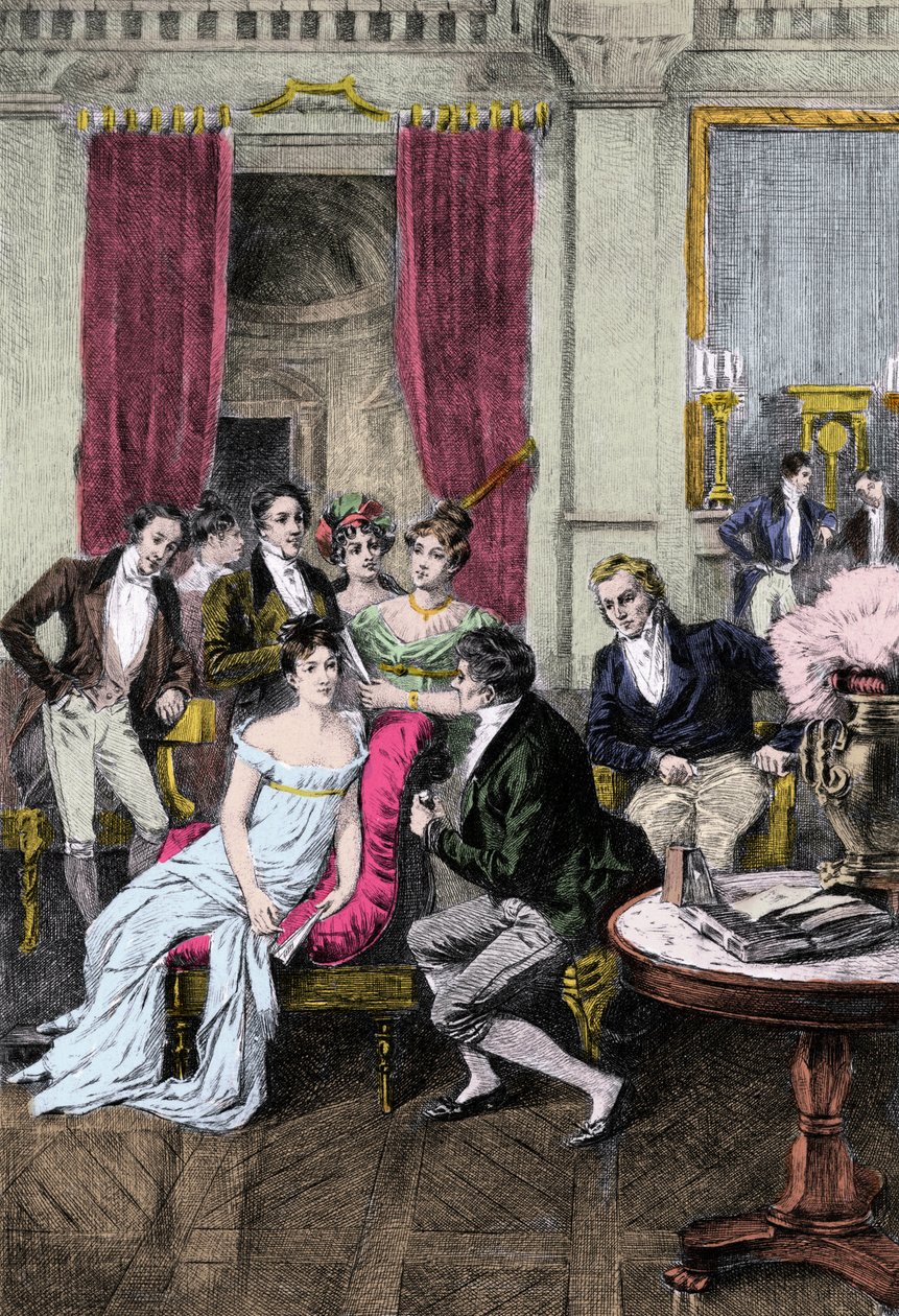 صالون Litterary: "" Around Madame Recamier "" السيدة جولييت ريكامير (1777-1849) محاطة بشخصيات أدبية وسياسية: تشارلز نودييه (1780-1844) ، فرانسوا رينيه فيسكونت دي شاتوبريان (1768-1848) ، صوفي جاي (1776-1852) ) ، بنيامين كونستانت بواسطة مجهول مجهول
