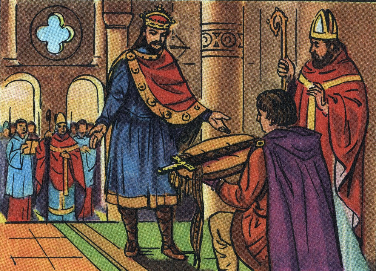 عاد لويس الأول الورع أو ديبونير (778-840) إلى حيازة سيفه الذي صادره رجال الدين. رسم توضيحي مجهول في "" Collection des souverains et chefs d'état de la France "". القرن ال 20. مجموعة خاصة. بواسطة مجهول مجهول