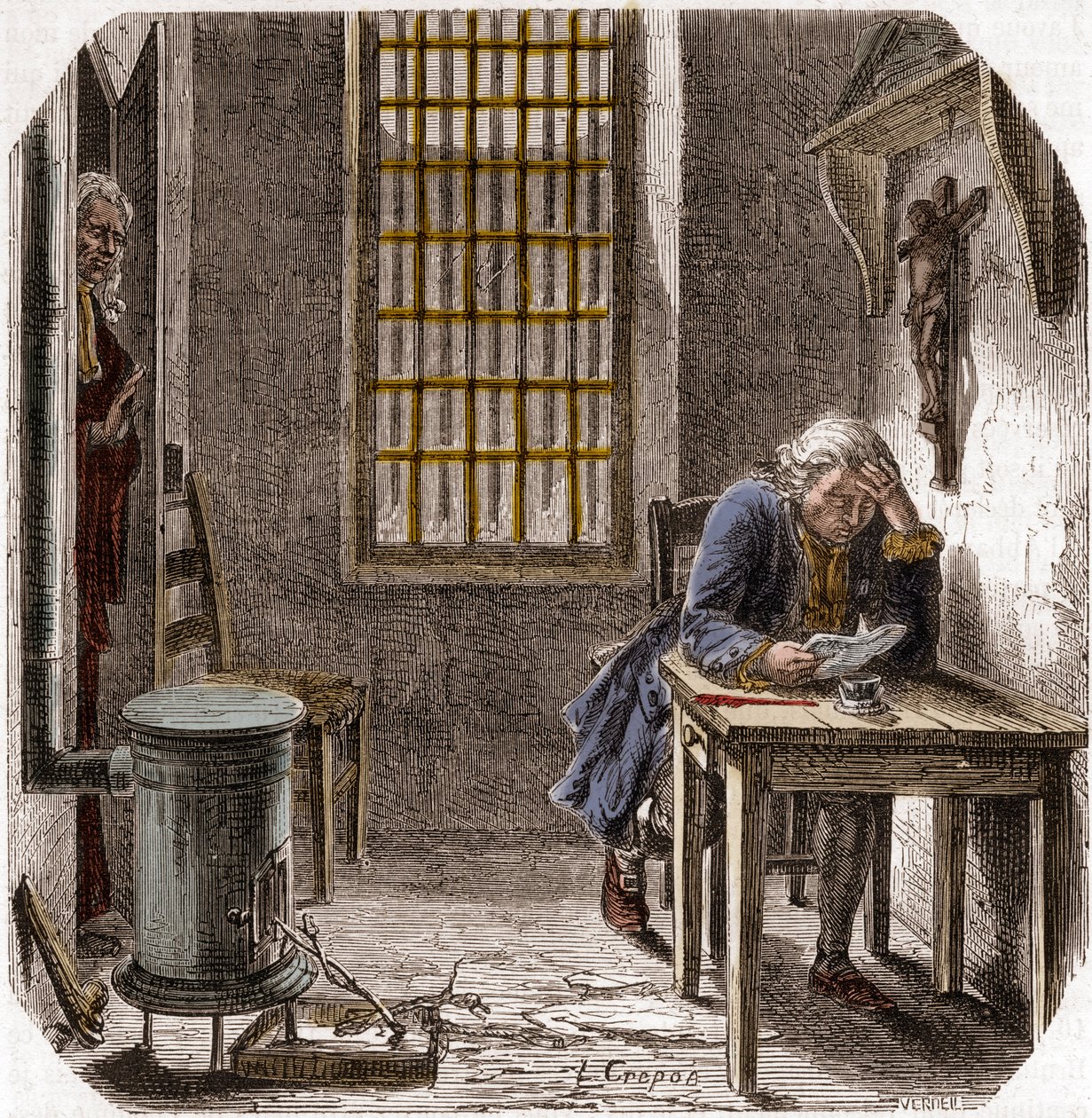 لويس السادس عشر (1754-93) يقرأ وصيته الأخيرة في المعبد 1792 - لويس السادس عشر يقرأ وصيته في برج المعبد في 25 ديسمبر 1792 - نقش في "Histoire des Girondins" لألفونس دي لامارتين (1790-1869) 1865-1866 - مجموعة خاصة بواسطة مجهول مجهول