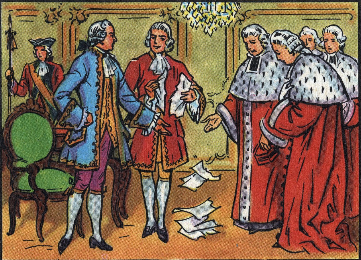 لويس الخامس عشر (1710-1774) ، ملك فرنسا ، يكسر أحكام البرلمان. توضيح مجهول في "" مجموعة ملوك ورؤساء دول فرنسا "". القرن ال 20. مجموعة خاصة. بواسطة مجهول مجهول