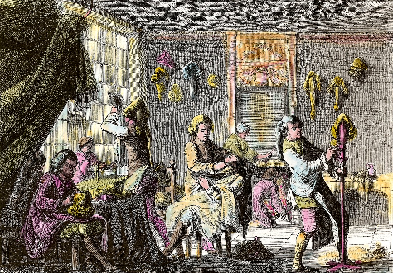 أزياء لويس الخامس عشر: منظر داخلي لمصفف شعر مستعار. نقش حوالي عام 1755. مجموعة خاصة بواسطة مجهول مجهول