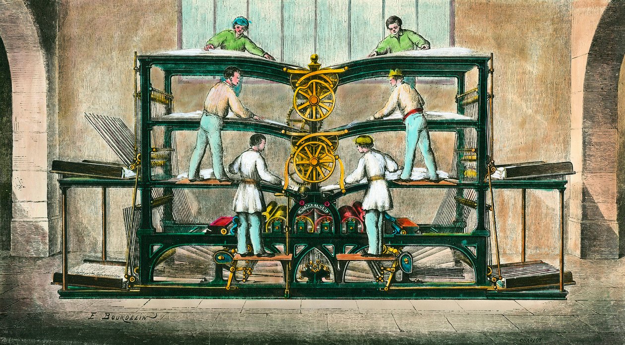 آلة طباعة الجريدة الصغيرة "اخترعها Hippolyte-Auguste Marinoni (1823-1904)" اخترع آلة طباعة دوارة في عام 1866. نقش من عام 1868. مجموعة خاصة بواسطة مجهول مجهول