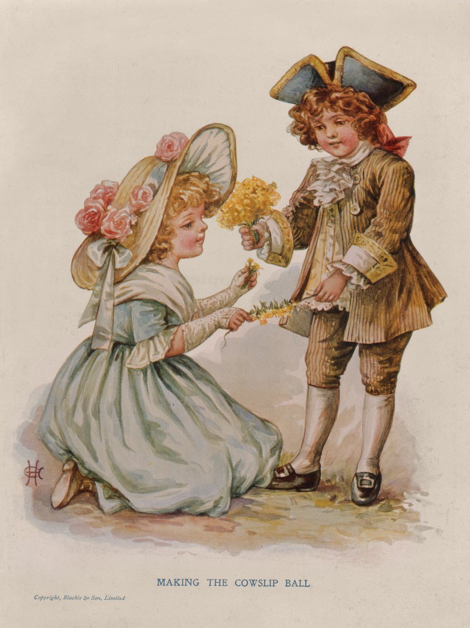 صنع كرة Cowslip ، رسم توضيحي للكتاب ، أوائل القرن العشرين (الطباعة الحجرية الملونة) بواسطة مجهول مجهول