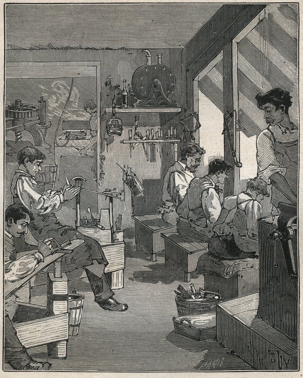 صنع أمشاط في ورشة في فرنسا في القرن التاسع عشر. نقش من عام 1885 في "" Les Arts et metiers Illustres "" لأدولف بيتارد. بواسطة مجهول مجهول
