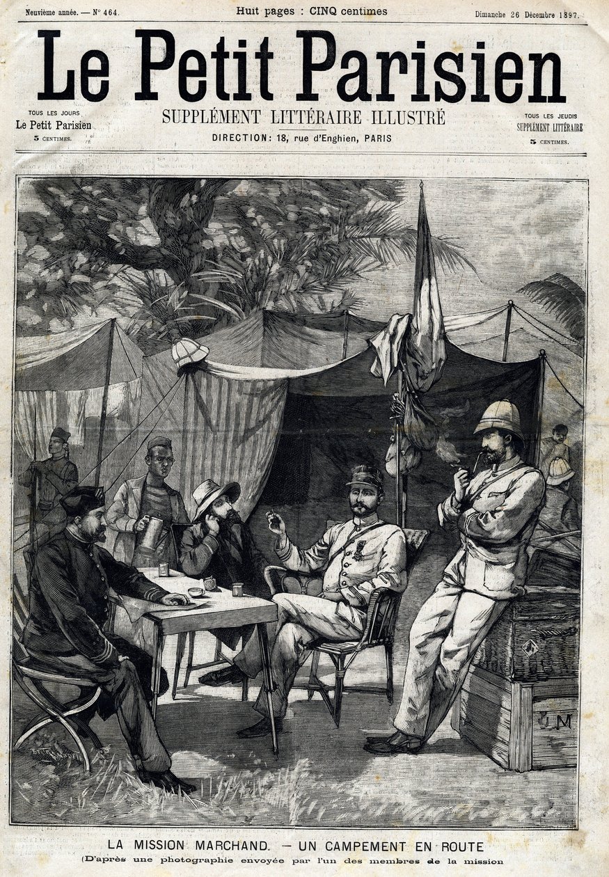 معسكر إرسالية مارشان: جان بابتيست (جان بابتيست) مارشان (1863-1934) ، الكابتن باراتيير على يساره والملازم فيكتور إيمانويل لارجو (1867-1916) والكابتن جيرمان على يمينه. في "" Le Peute Parisien "في 26/12/1897. مجموعة خاصة بواسطة مجهول مجهول