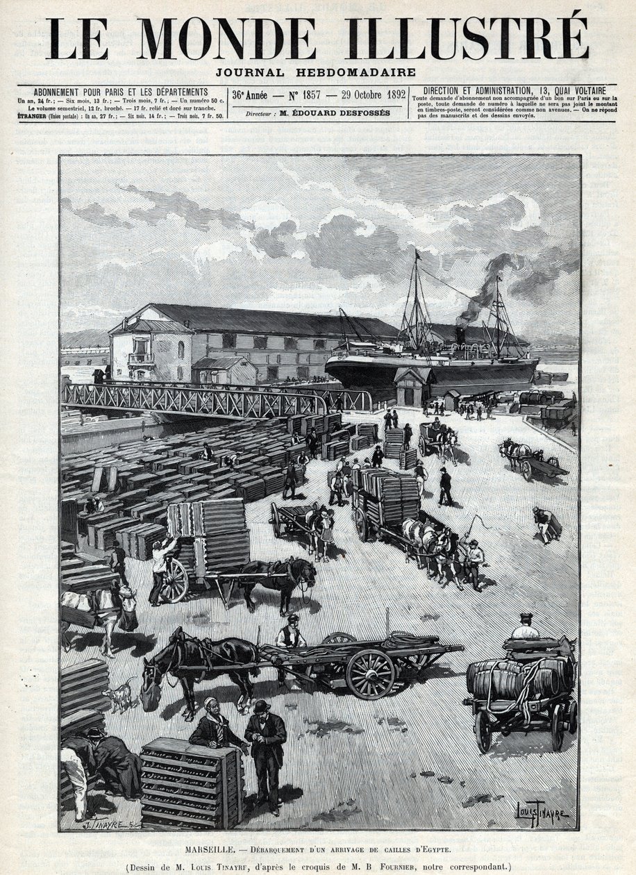 التجارة البحرية: نبح وصول طائر السمان من مصر إلى ميناء مرسيليا. جريدة. نقش في "Le monde illustree" عام 1892. مجموعة خاصة. بواسطة مجهول مجهول