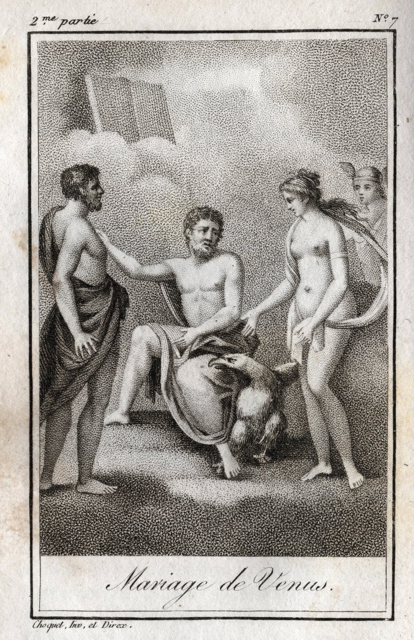 الزواج بين المريخ والزهرة. نقش من عام 1819 في "Lettres a Emilie sur la mythologie" لتشارلز ألبرت ديموستييه (1760-1801). مجموعة خاصة. بواسطة مجهول مجهول