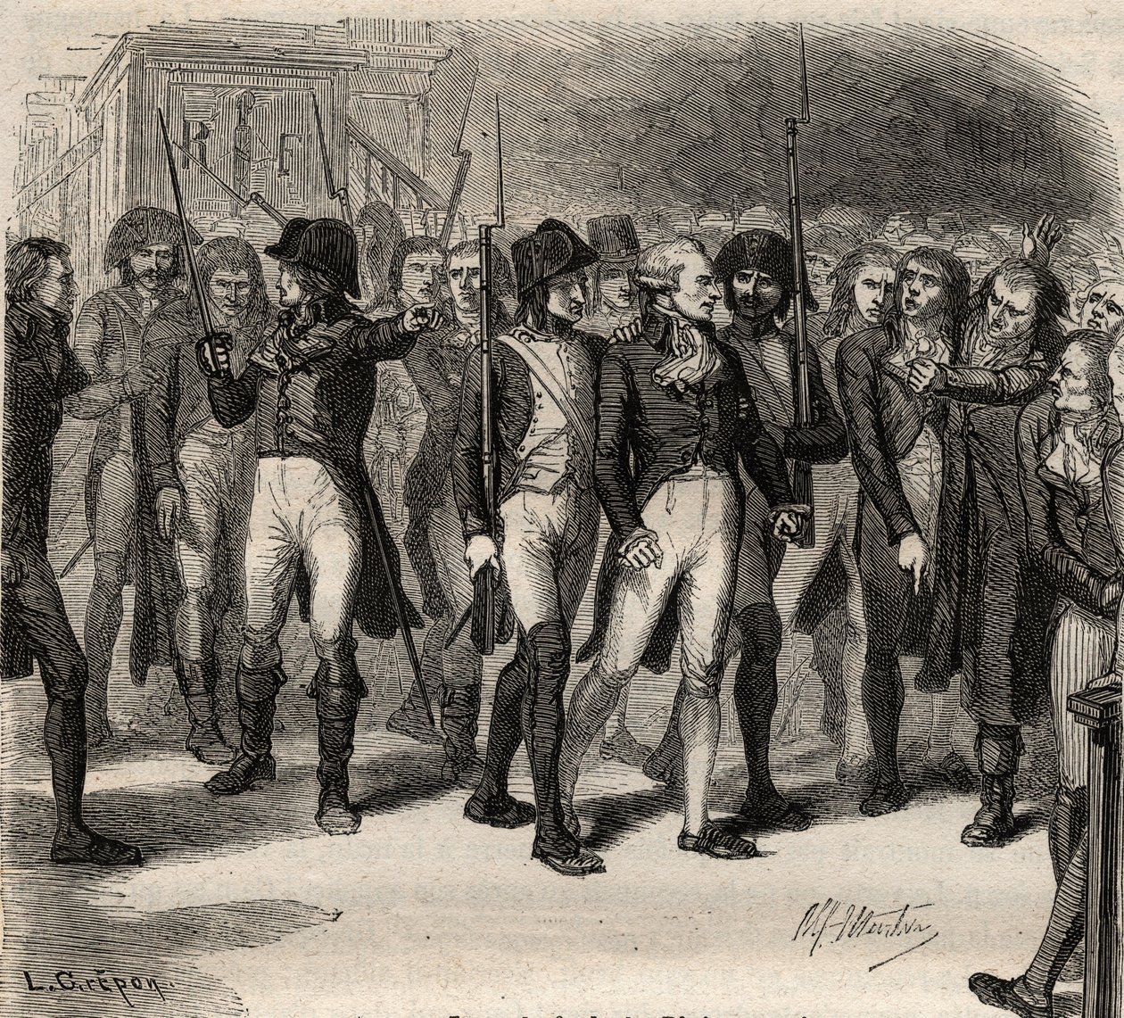 تم القبض على ماكسيميليان روبسبير وشريكه المتهمين في الاتفاقية عام 1794 - ماكسيميليان روبسبير وآخرون متهمون Arretes à la Convention en 1794 - - نقش في "Histoire des Girondins" "لألفونس دي لامارتين (1790-1869) 1865-1866. غراء خاص بواسطة مجهول مجهول