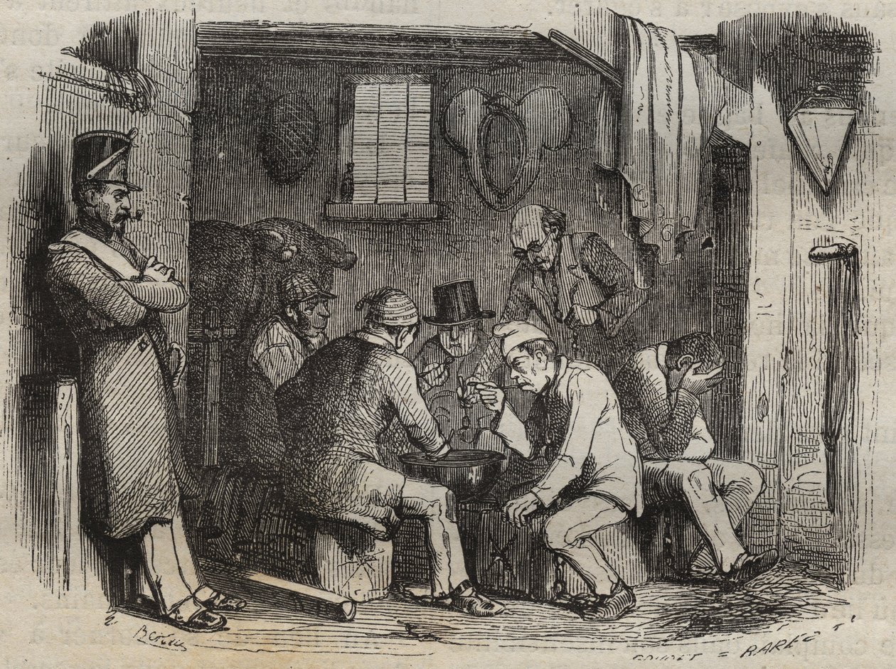 وجبة من القبور في Rochefort bagne في القرن التاسع عشر. نقش في "تاريخ المحكوم عليهم منذ إنشائهم حتى يومنا هذا" (1877) لبيير زكون (1817-1895) (كولونيا بينالي - مستعمرة جزائية). مجموعة خاصة. بواسطة مجهول مجهول