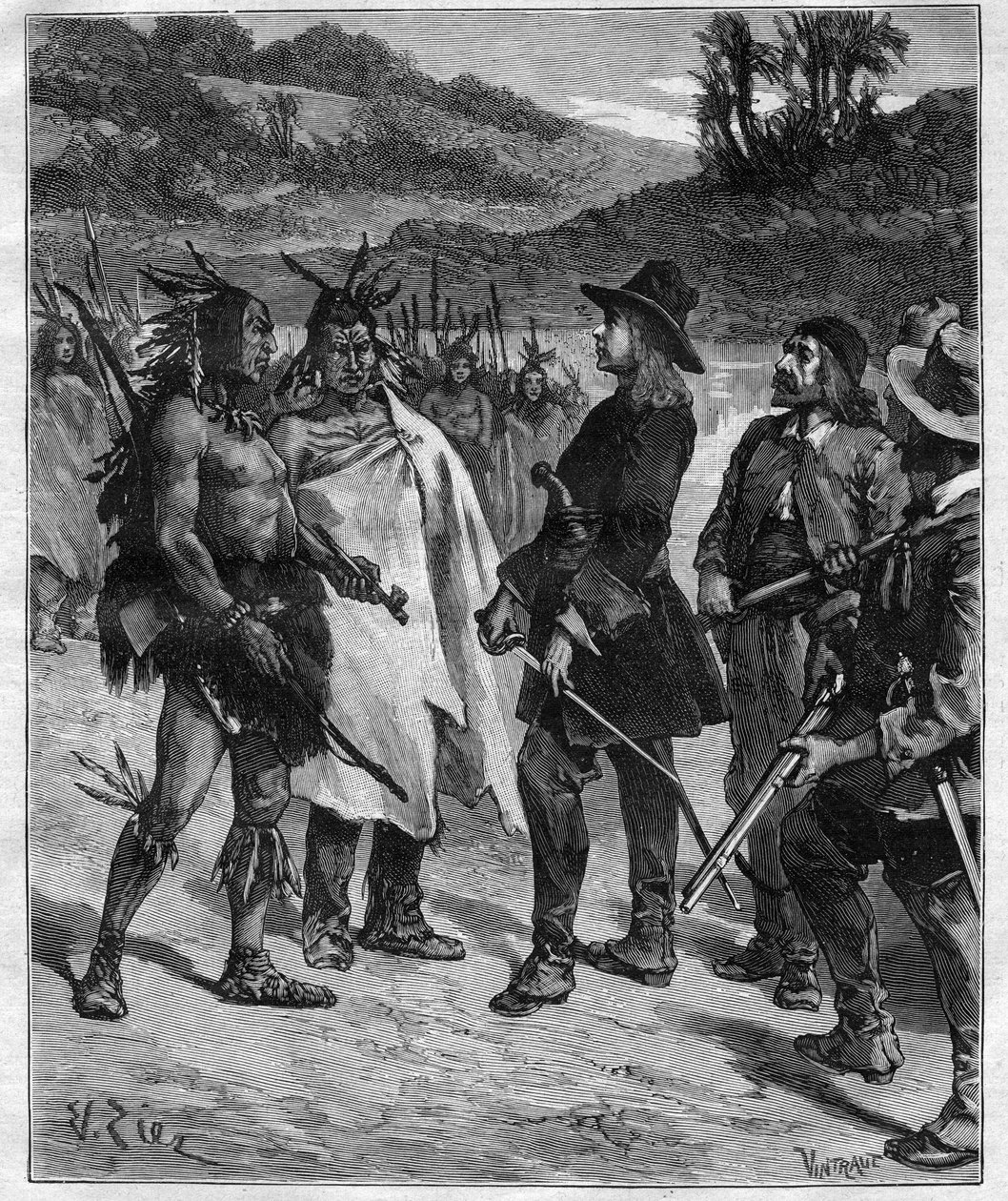 لقاء روبرت كافيلير دي لا سال (1643-1687) مع هنود أمريكا بالقرب من بحيرة بيوريا نقش في "جورنال ديس فوياجيز" "عام 1889 بواسطة مجهول مجهول