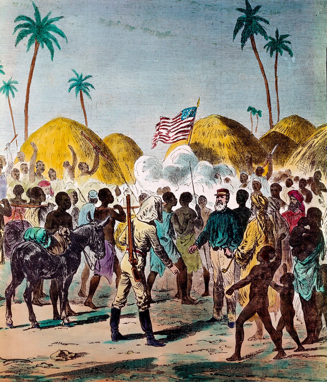 لقاء الصحفي هنري مورتون ستانلي (1841-1904) وديفيد ليفنجستون (1813-1873) ، الطبيب والمستكشف البريطاني ، في 10/11/1871 في تنزانيا. نقش مجموعة خاصة من القرن التاسع عشر بواسطة مجهول مجهول