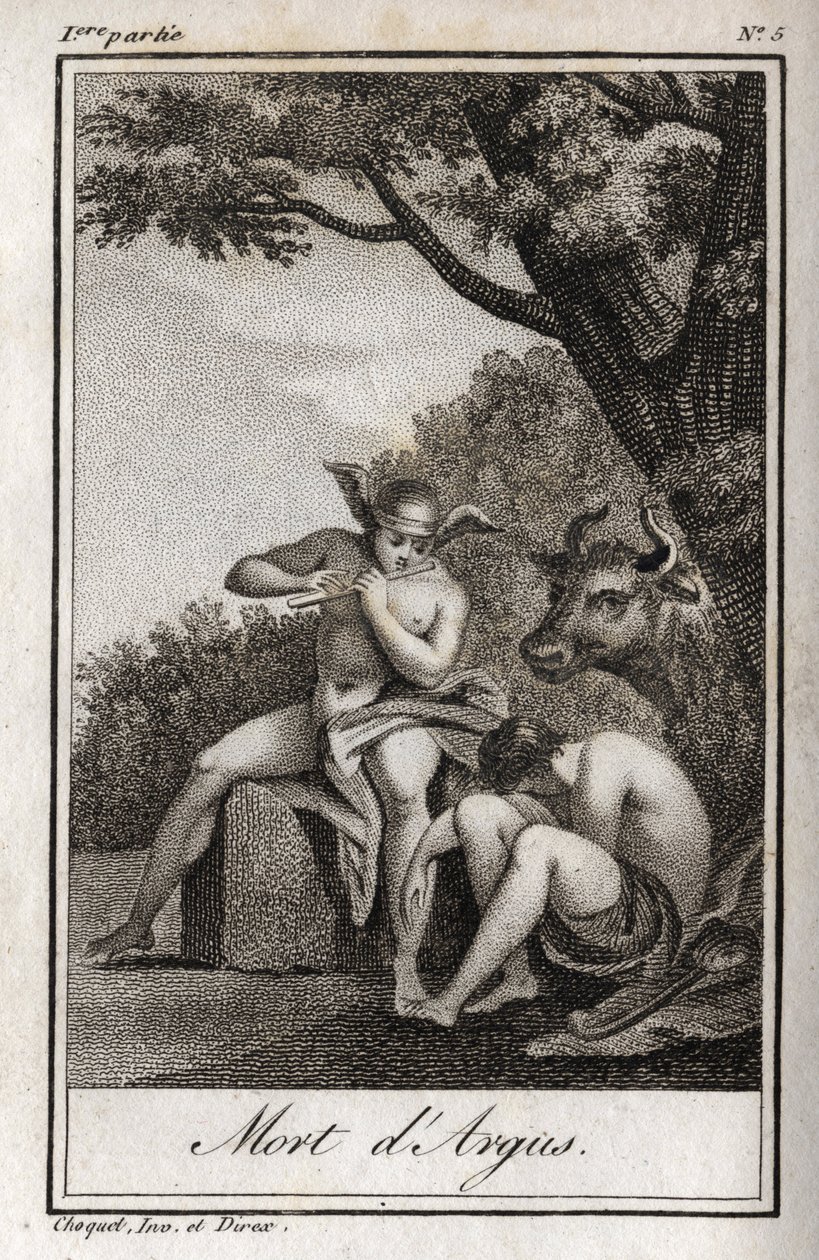 عطارد وأرجوس (عطارد وأرجوس). موت أرغوس: عزف عطارد على الفلوت ليغفو أرجوس ويحل الحورية آيو ، وتحولت إلى بقرة. نقش من عام 1819 في "Lettres a Emilie sur la mythologie" لتشارلز ألبرت ديموستييه (1760-1801). بواسطة مجهول مجهول