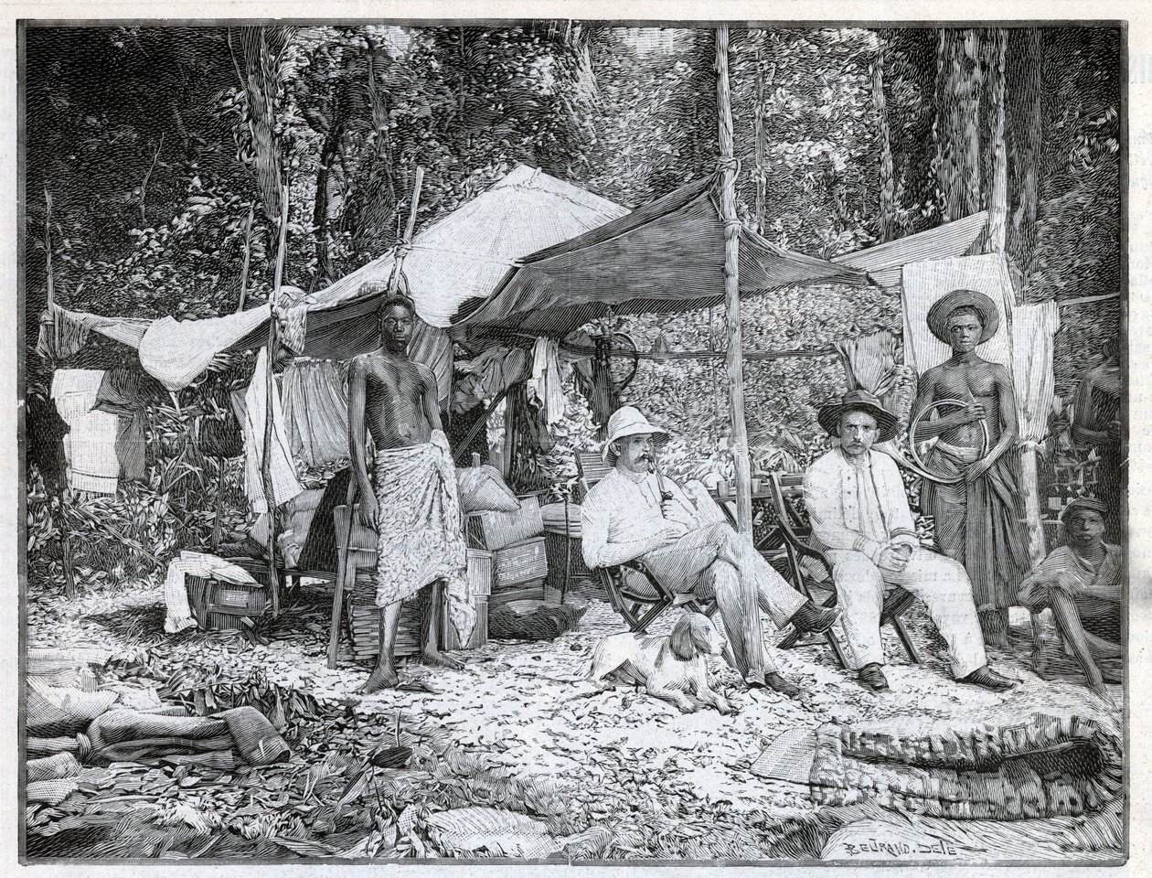 بعثة الكابتن الفرنسي لويس جوستاف بينجر (1856-1936): معسكر البعثة في أفورينو ، كوت ديفوار. نقش في "Le monde illustree" عام 1892. مجموعة خاصة. بواسطة مجهول مجهول