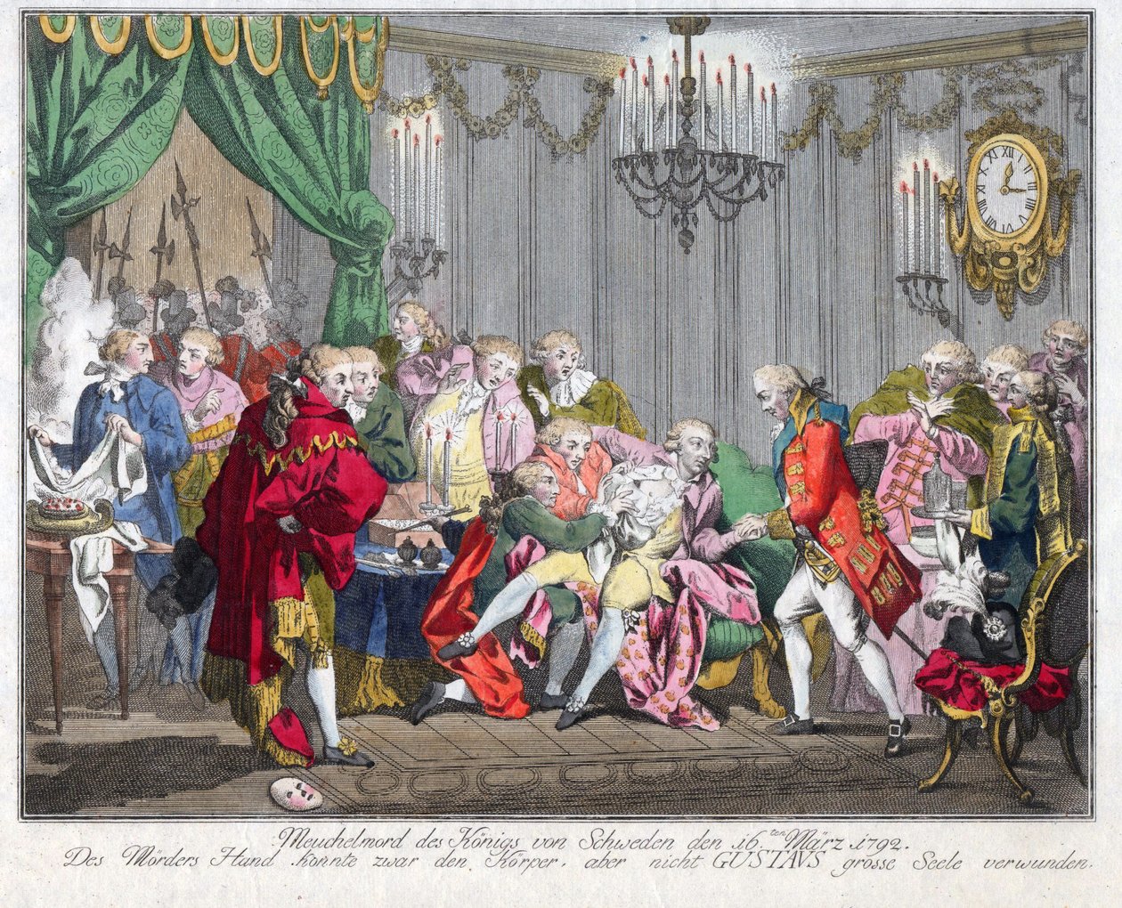 Mort de Gustave III de Suede (1746-1792) - اغتيال الملك غوستاف الثالث في 16 مارس 1792 - مجهول - 1792 - حفر ، ألوان مائية - 33.5 × 46.3 - مجموعة خاصة بواسطة مجهول مجهول
