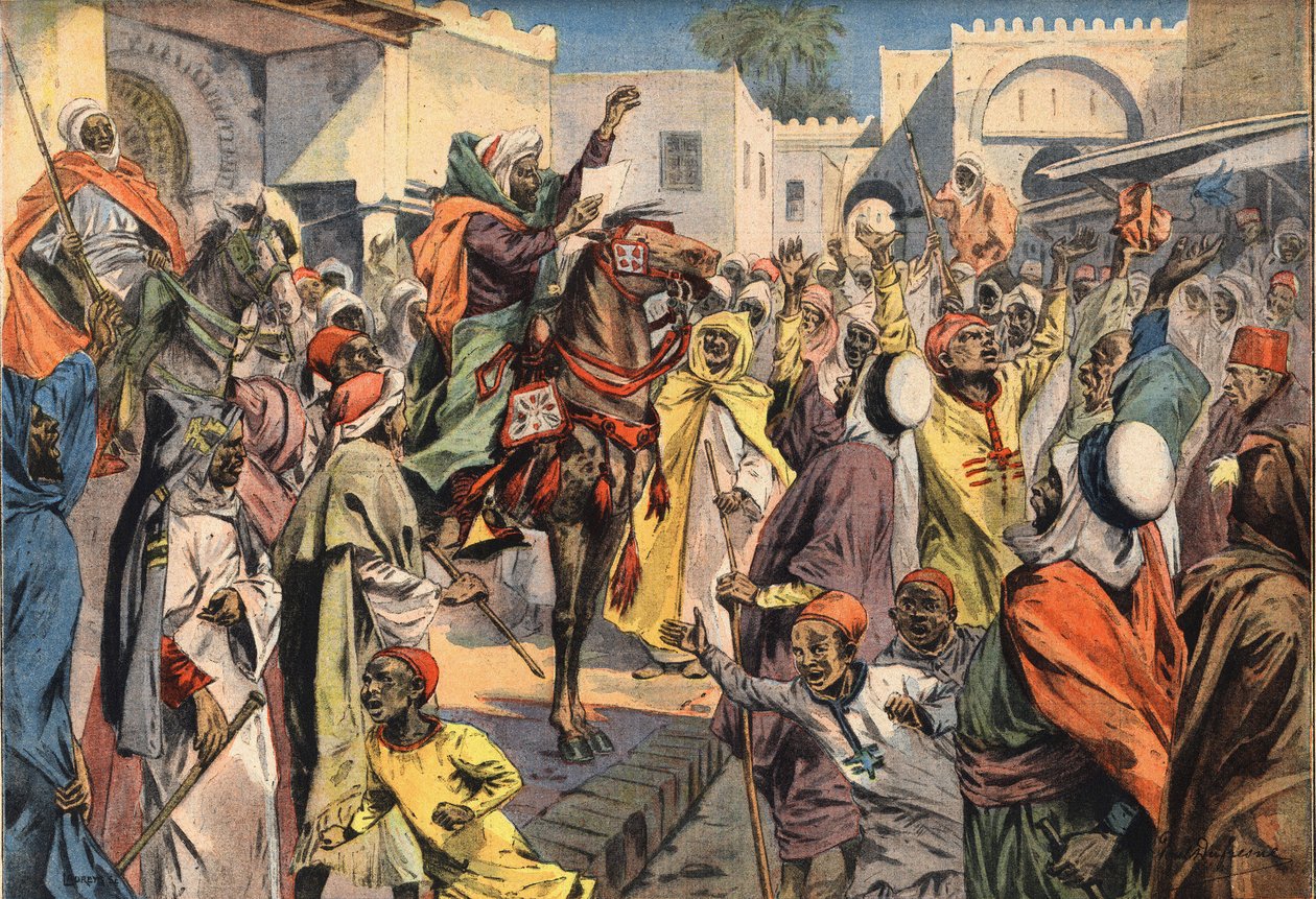 مولي حفيظ (مولاي حفيظ) يعلن السلطان لفاس: المنادون العامون يعلنون البيان للجمهور. نقش من جريدة "لو بيتيت باريزيان" 26/1/1908. مجموعة خاصة. بواسطة مجهول مجهول