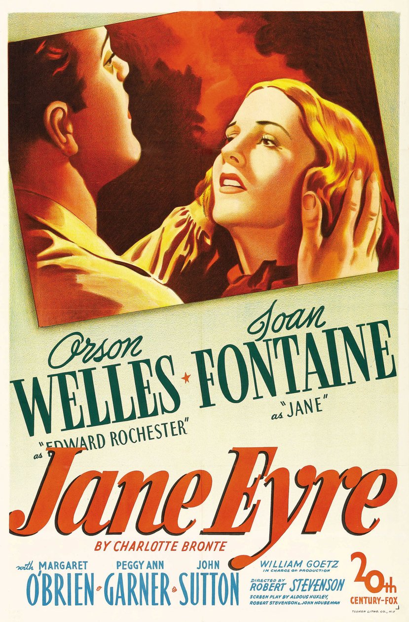 ملصق فيلم من فيلم "Jane Eyre" من تأليف شارلوت برونتي وإخراج روبرت ستيفنسون عام 1944 مع الممثلين أورسون ويلز بدور إدوارد روتشستر وجوان فونتين في دور جين. مجموعة خاصة. بواسطة مجهول مجهول