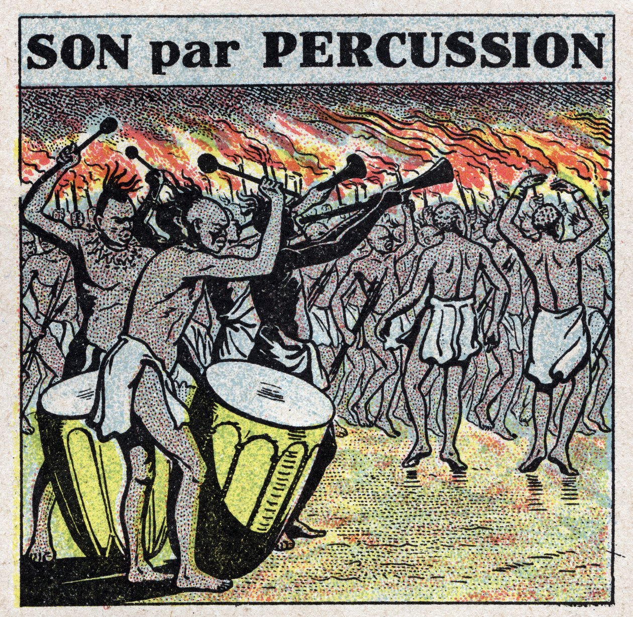 آلات موسيقية: عازفو إيقاع في قرية أفريقية. رسم توضيحي مجهول من عام 1925. مجموعة خاصة. بواسطة مجهول مجهول