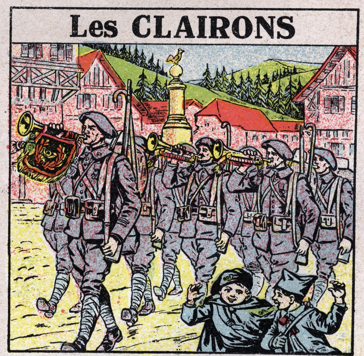 Musical instruments: wind instruments with a jar mouth. Bugle players during a military run. Anonymous illustration from 1925. Private collection. بواسطة مجهول مجهول