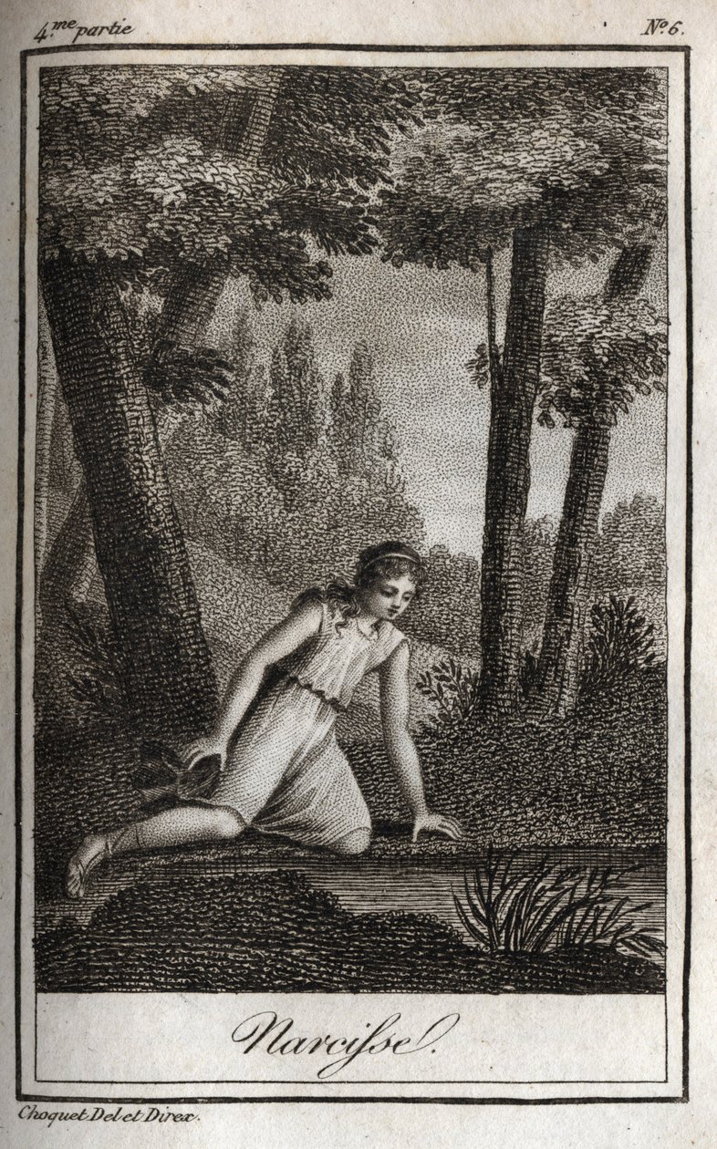 نارسيس يفكر في تفكيره (نارسيسو) نقش عام 1819 في "Lettres a Emilie sur la mythologie" بواسطة تشارلز ألبرت ديموستييه (1760-1801). مجموعة خاصة. بواسطة مجهول مجهول