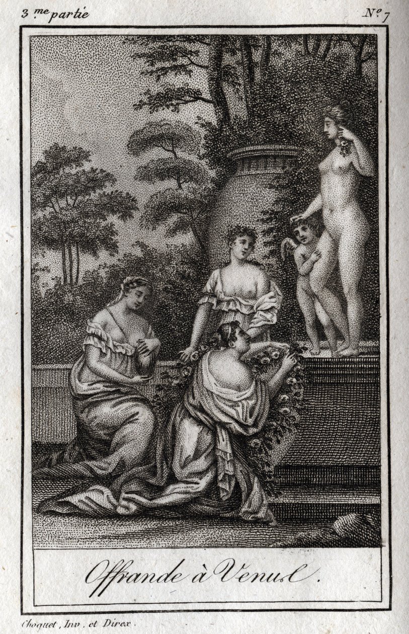 عرض على فينوس. يجتمع المحبون الصغار (Angelots) للإشادة بالإلهة أفروديت. نقش من عام 1819 في "Lettres a Emilie sur la mythologie" لتشارلز ألبرت ديموستييه (1760-1801). مجموعة خاصة. بواسطة مجهول مجهول