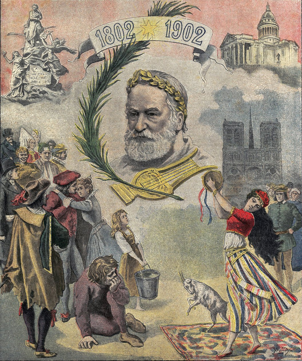 إحدى "مجلة Le Petit Journal" التي تكرم الشاعر والكاتب الفرنسي فيكتور هوغو (1802-1885) في الذكرى المئوية لميلاده. يتم تمثيل شخصيات رواياته (إزميرالدا ، كواسيمودو ، كوزيت). 02/03/1902 مجموعة خاصة بواسطة مجهول مجهول