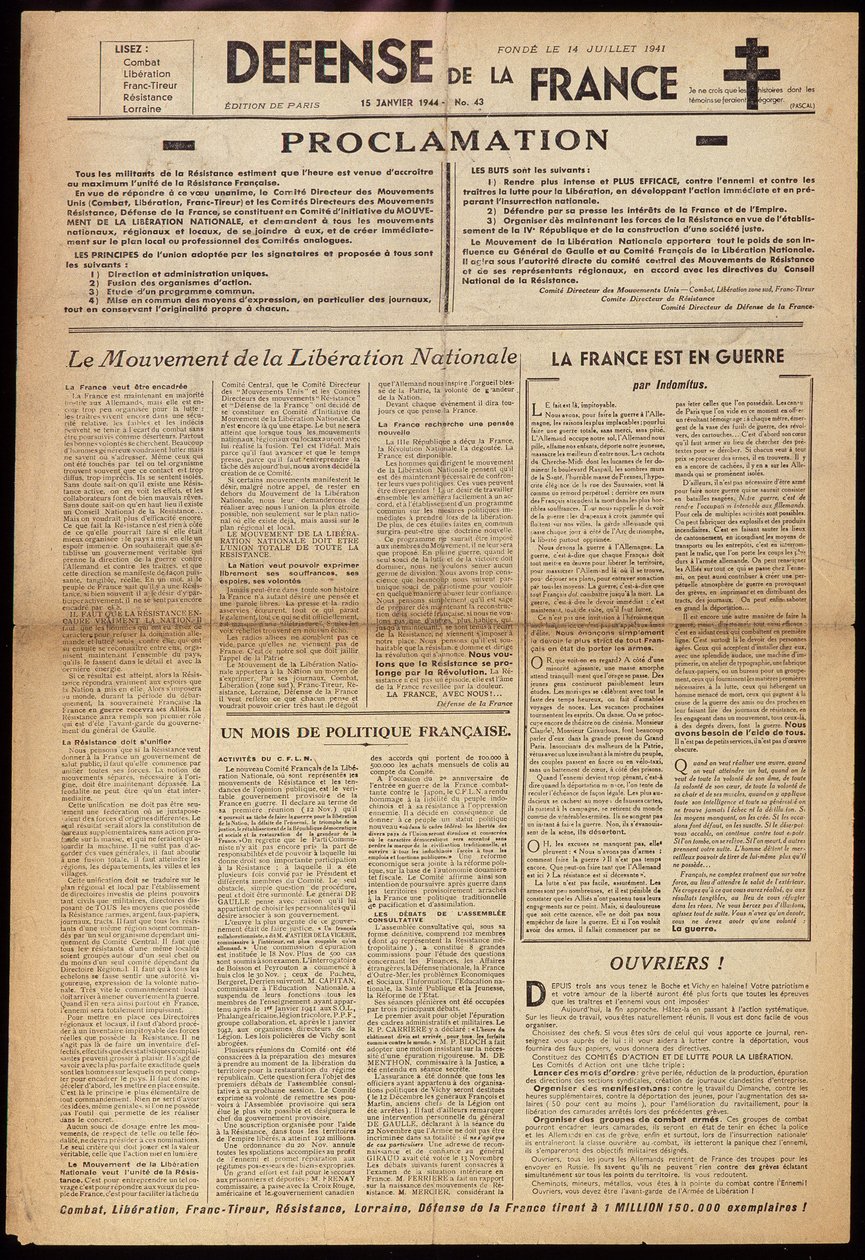 احدى الصحف السرية "Défense de France" بتاريخ 15/1/1944 بواسطة مجهول مجهول