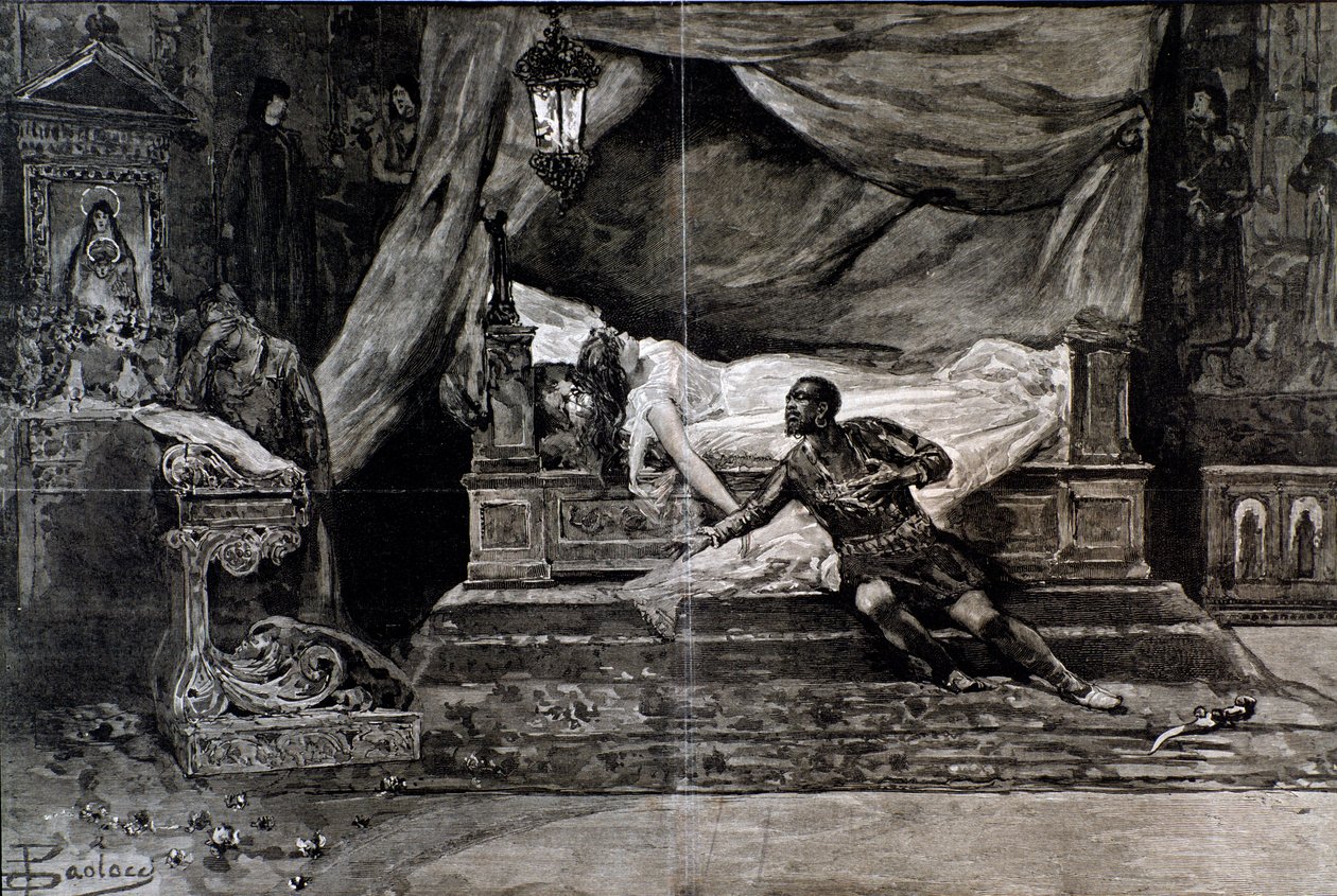 Otello يقتل نفسه بالقرب من جثة Desdemona. رسم توضيحي للمشهد الأخير في أوتيلو ، أوبرا جوزيبي فيردي بواسطة مجهول مجهول