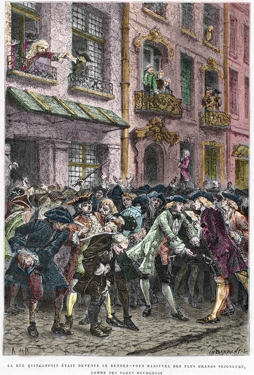 دائرة باريس الرابعة - La rue Quincampoix en 1720 a l'epoque du système de John Law (1671 - 1729) - "" L'agiotage a la rue Quincampoix "(سبب الإفلاس بموجب القانون) - منظر شارع Quincampoix مع المضاربين في زمن نظام جون لو ، بواسطة مجهول مجهول