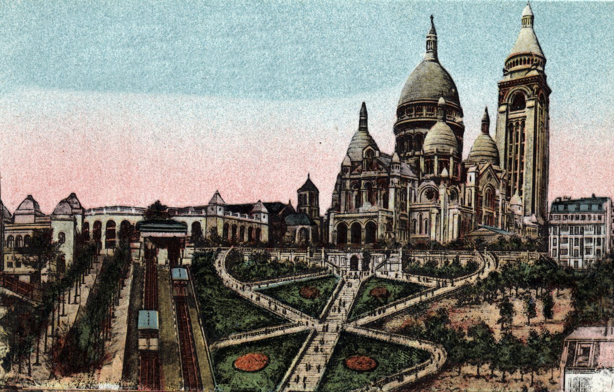 باريس: القطار الجبلي المائل وكنيسة القلب المقدس (Sacre-Coeur) في بوت مونمارتر. صورة عام 1920 في "" ألبوم فني "لمدينة باريس. مجموعة خاصة. بواسطة مجهول مجهول