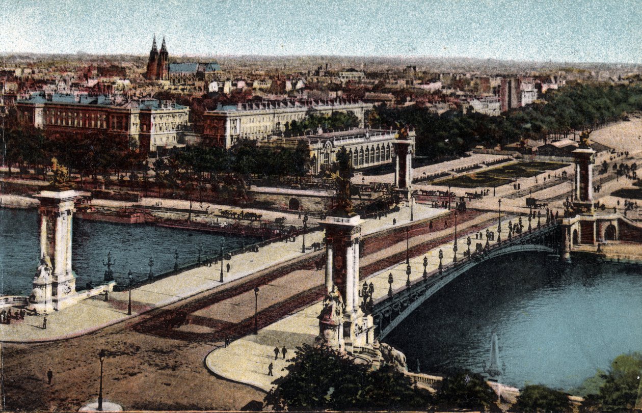 باريس: منظر لجسر الإسكندر الثالث على نهر السين. صورة عام 1920 في "" ألبوم فني "لمدينة باريس. مجموعة خاصة. بواسطة مجهول مجهول