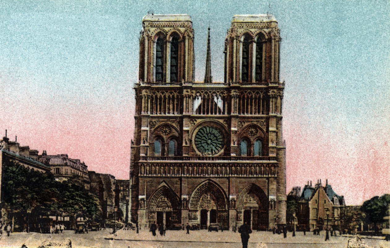 باريس: منظر لواجهة كاتدرائية نوتردام (نوتردام). العمارة القوطية. صورة عام 1920 في "" ألبوم فني "لمدينة باريس. مجموعة خاصة. بواسطة مجهول مجهول
