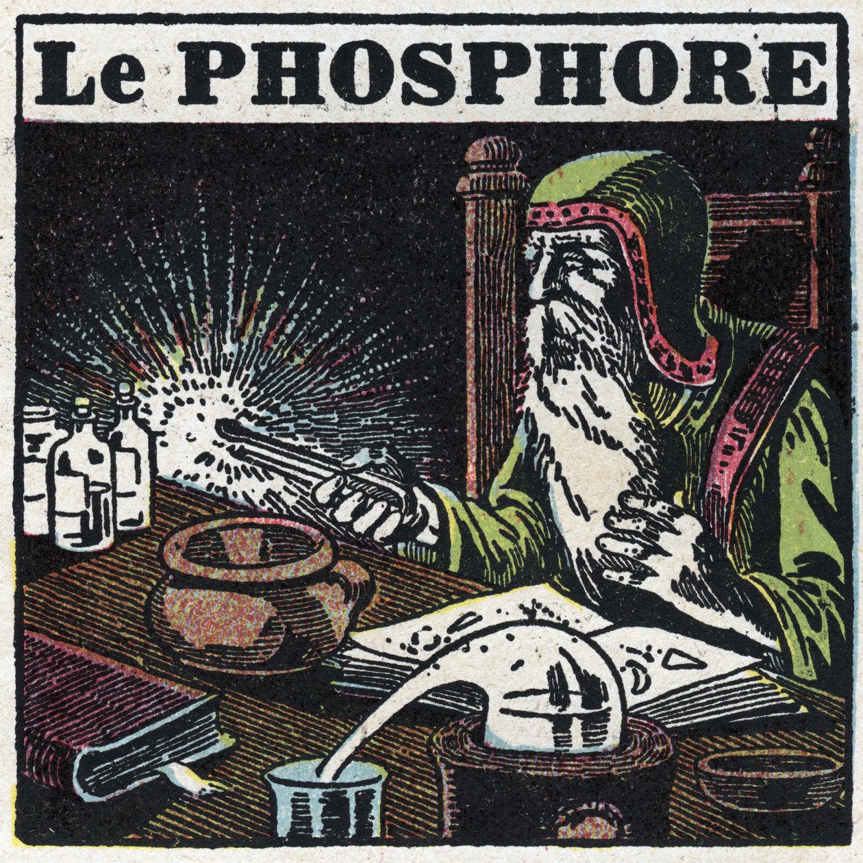الفسفور: الفوسفور. عالم كيميائي يبحث عن الحجر الفلسفي في مختبره. رسم توضيحي مجهول من عام 1925. مجموعة خاصة. بواسطة مجهول مجهول