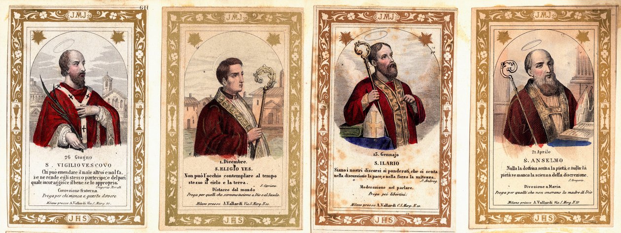 صورة بييرنت: "" بطاقة حواء القديس فيجيل من ترينتو (Vigilio di Trento) ، بطاقة Eveque of Saint Eloi of Noyon (Sant'Eligiio) ، بطاقة Saint Hilaire و Saint Anselme ". مجموعة خاصة من القرن التاسع عشر بواسطة مجهول مجهول