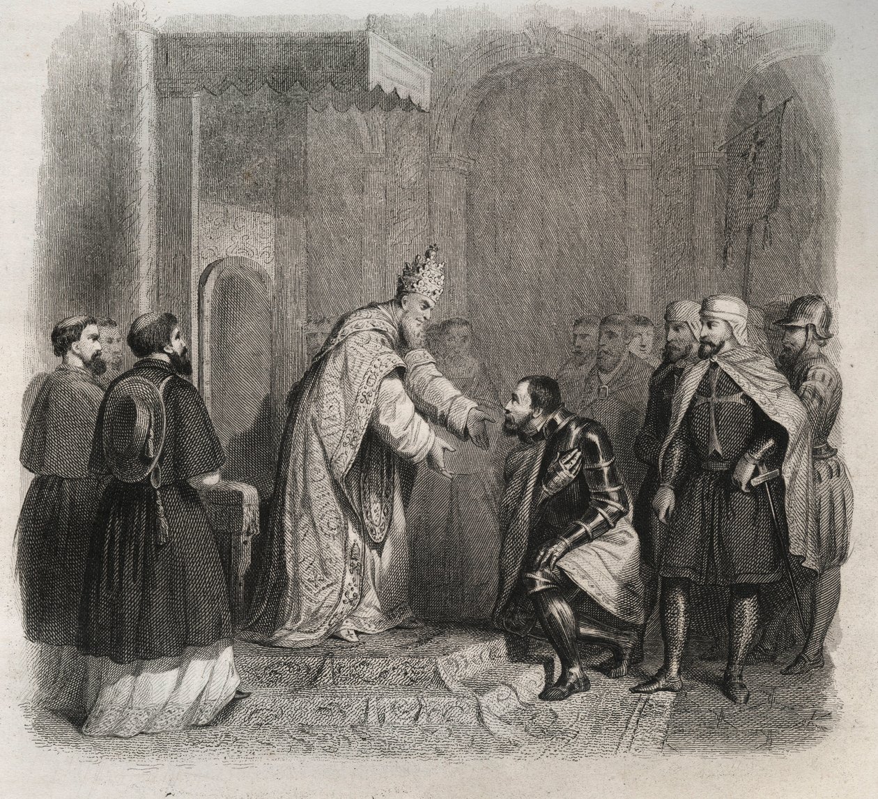 البابا القديس بيوس الخامس (بيوس أو بيو) (1566-1572) يستقبل الفائز في معركة ليبانت. نقش من عام 1846 في "" حياة القديسين ". مجموعة خاصة. بواسطة مجهول مجهول