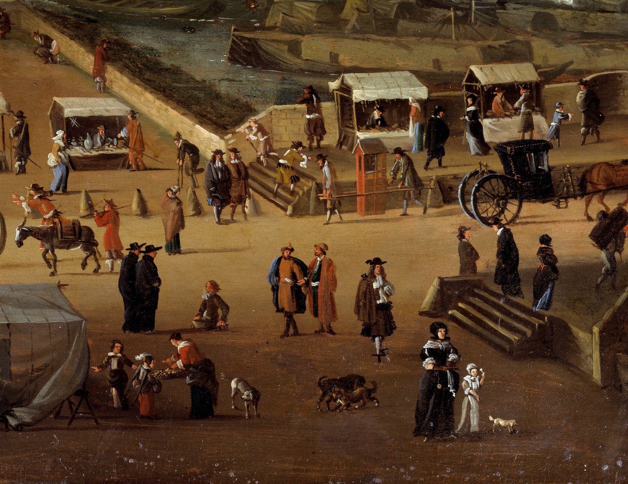 كراسي Porter والتجارة في Pont Neuf في باريس في القرن السابع عشر التفاصيل. لوحة مجهولة. باريس ، متحف كارنافالي بواسطة مجهول مجهول