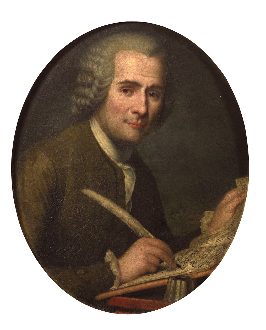 "بورتريه جان جاك روسو يكتب نوتة موسيقية" (جان جاك روسو (1712-1778) يكتب نوتة موسيقية) لوحة مجهولة ألوان زيتية على قماش قاتمة 65x54 سم مجموعة خاصة بواسطة مجهول مجهول