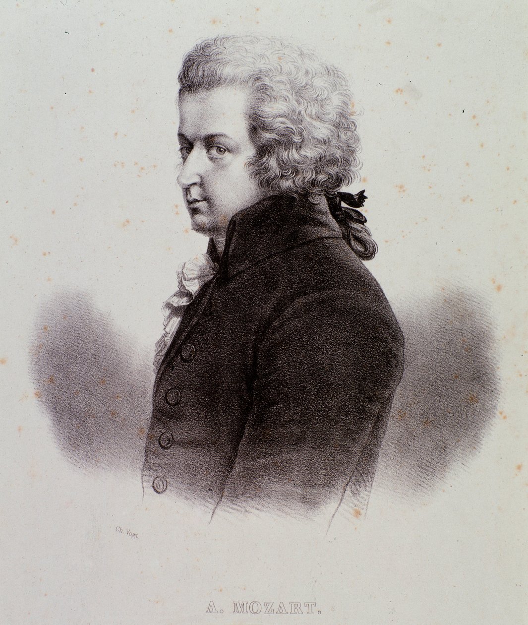 صورة للملحن النمساوي فولفجانج أماديوس موزارت (1756-1791) نقش. القرن ال 19. مجموعة خاصة Milanese بواسطة مجهول مجهول